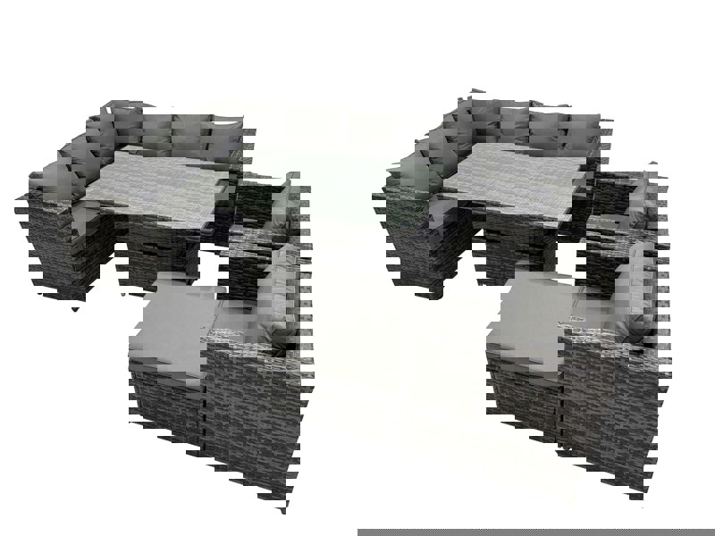 Fimous 9 seater Height Adjustable Rising Lifting Table Corner Sofa Set Rattan Garden Furniture Dining Set with Big Stool Dark Grey Mixed