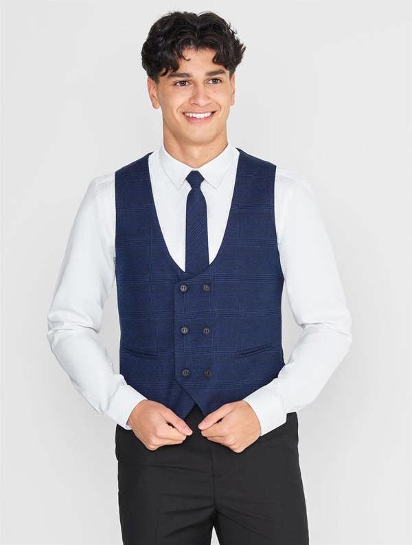 Boys navy and black checked waistcoat suit