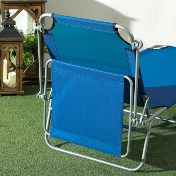 Blue folding sun lounger chair with tall backrest panel and silver metal frame