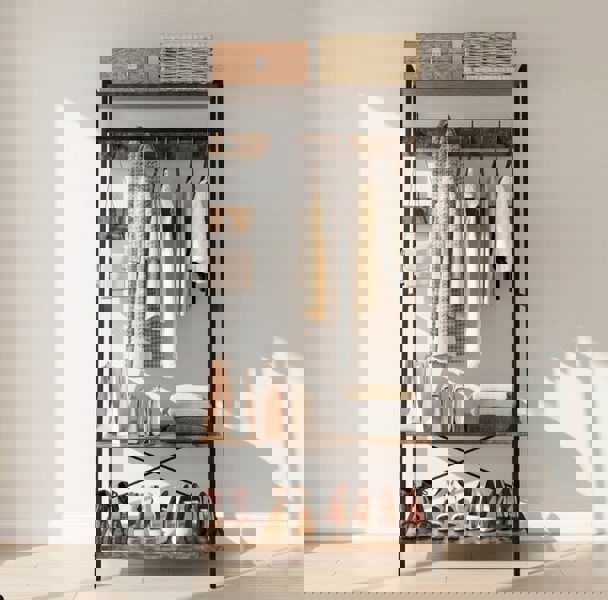 Modcraft Industrial Clothes Rail Rack with Shelves & Hooks Freestanding Garment Stand Wardrobe Organizer