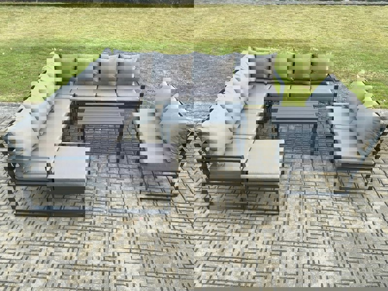 Fimous Aluminium 10 Seater Patio Outdoor Garden Furniture Lounge Corner Sofa Set with Oblong Coffee Table with Big Footstool Dark Grey