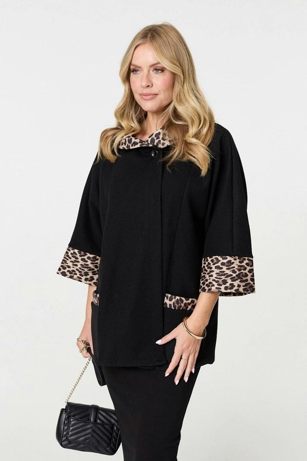 Black | Animal Print Trim 3/4 Sleeve Cape Coat
