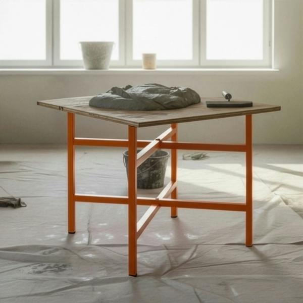 Mortar board stand with a wooden top and bright orange metal legs, set in a well-lit room with a textured floor and tools nearby