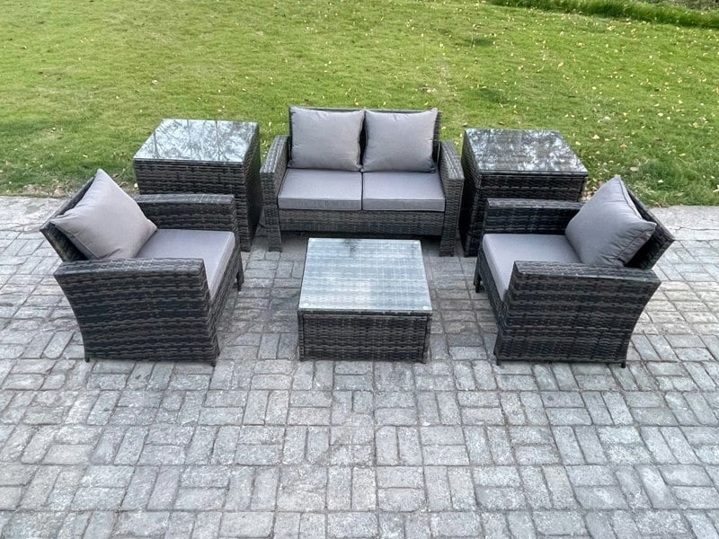 Fimous Outdoor Lounge Sofa Set Wicker PE Rattan Garden Furniture Set with Armchair Square Coffee Table Double Seat Sofa 2 Side Tables Dark Grey Mixed