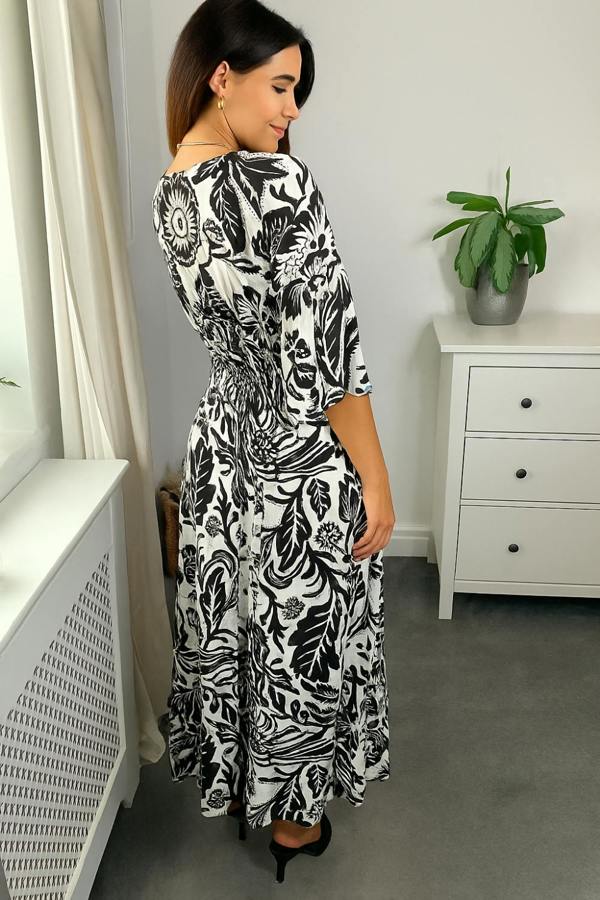 Oversized V Neck Shirred Waist Floral Print Maxi Dress in Black - HOXTON GAL