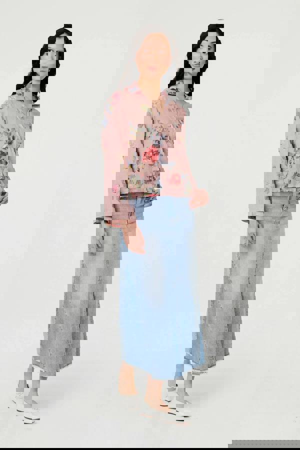 Pink | Floral 3/4 Turn-Up Sleeve Cropped Shirt