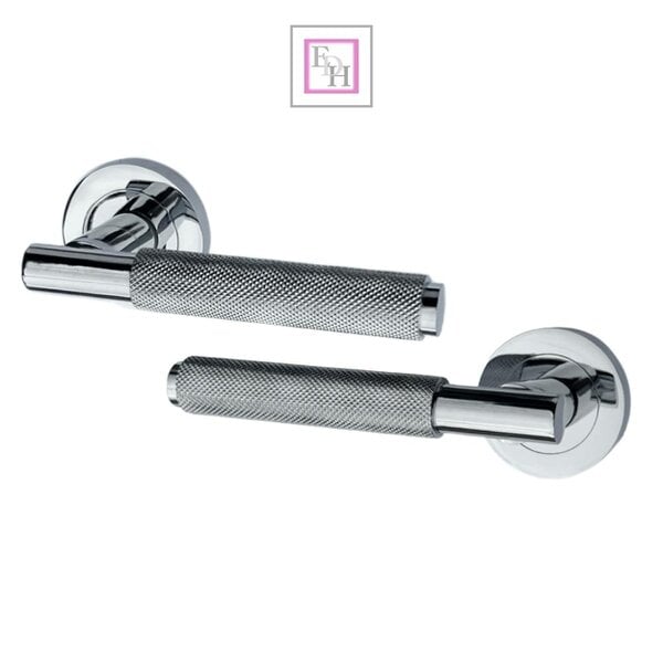 EDH Door Hardware Polished Chrome Knurled Door Handles on Round Rose – Handle Sets
