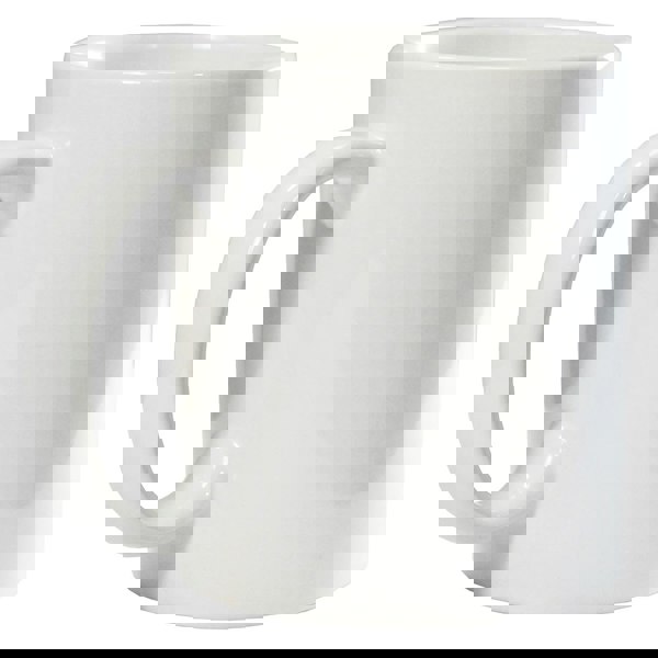 Glossy white ceramic mug with large curved handle on plain white background.