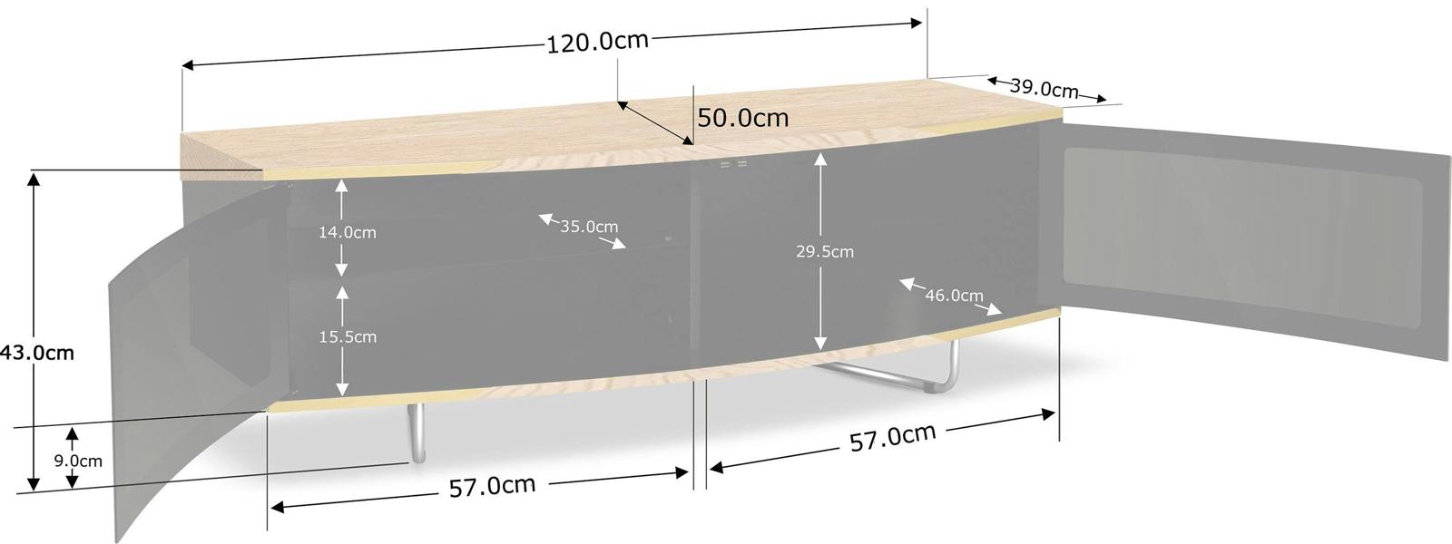Homeology Caru Gloss Black and Gloss Oak Beam-Thru Remote Friendly Super-Contemporary "D" Shape Design 32"-65" LED/OLED/LCD TV Cabinet