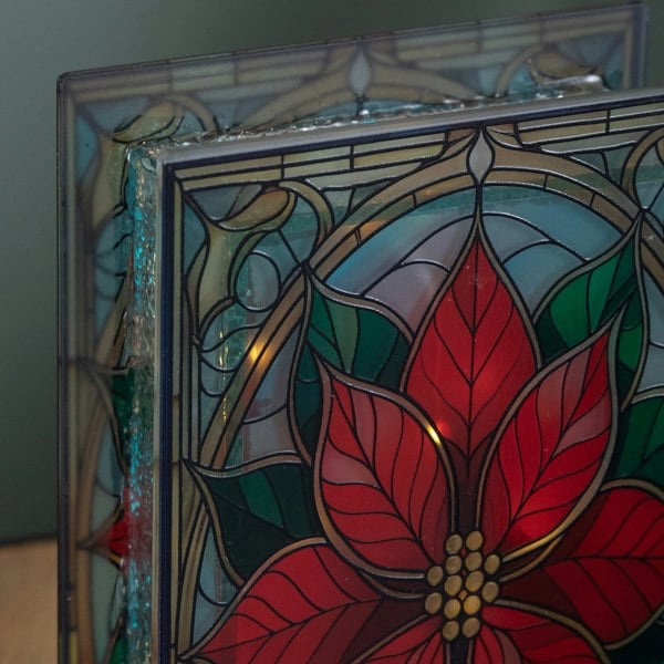 Samuel Alexander 21cm Battery Operated Light up Double Sided Stained Glass Poinsettia Decoration with LEDs
