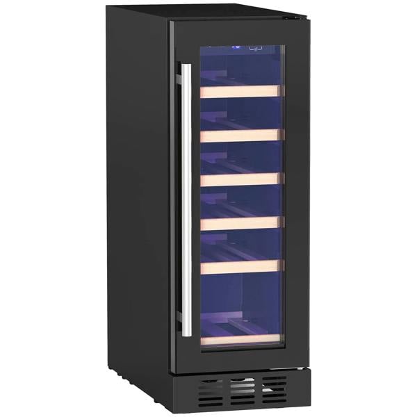 Black wine fridge with glass door and wooden shelving for storing bottles