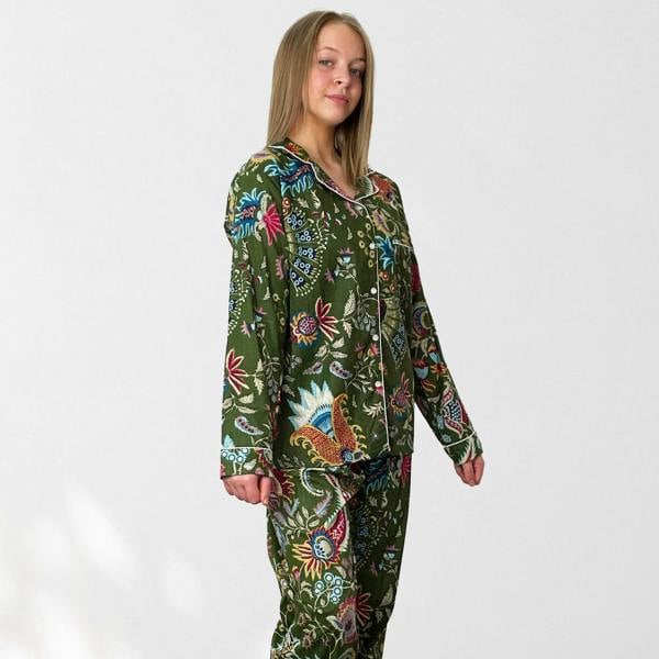 Hayley & Co Green Block Print Floral 100% Cotton Long Pyjama Set