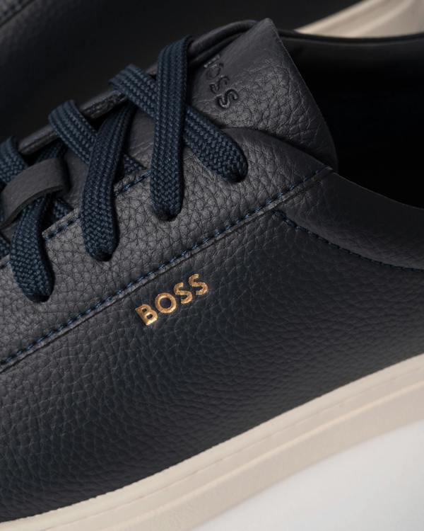 close up view of BOSS Orange Kieran Mens Grained-leather trainers with rubber sole in Dark Blue 407