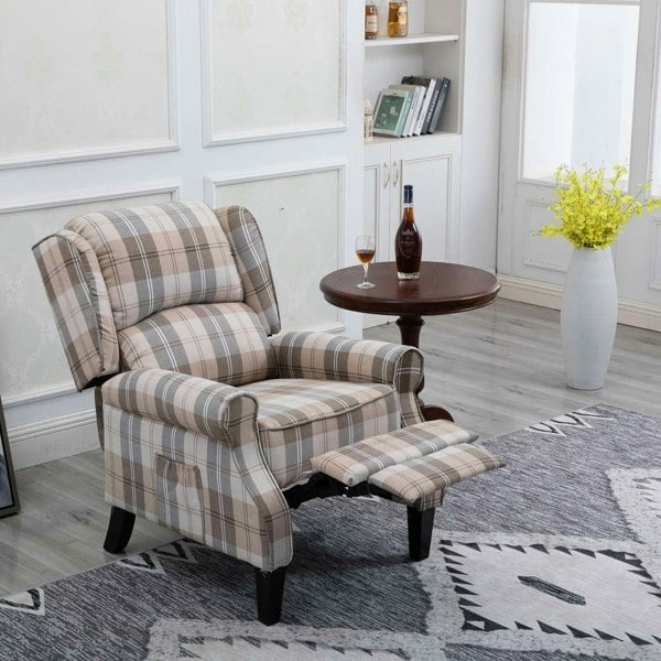 SQUAREBOXX Estonia Pushback Recliner Armchair in Beige Tartan