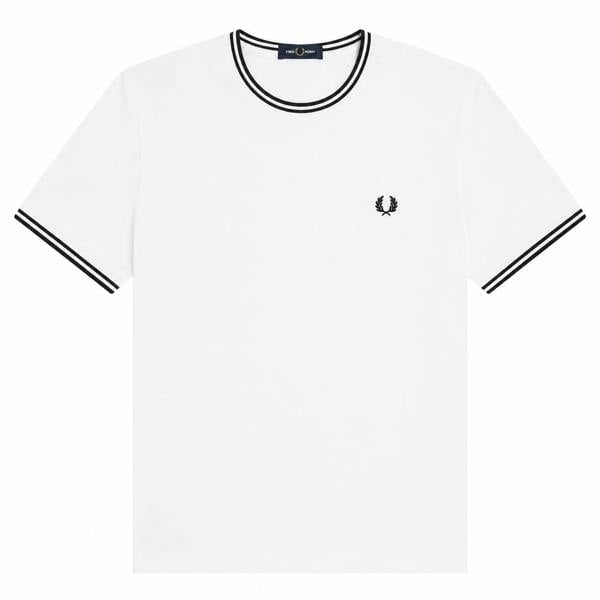 White Fred Perry Twin Tipped T-Shirt with black laurel wreath logo and black twin tipping on collar and cuffs.