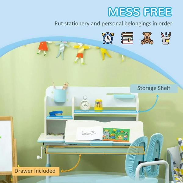 Kids desk and chair set with organizer shelves and blue padded chair; drawer shown