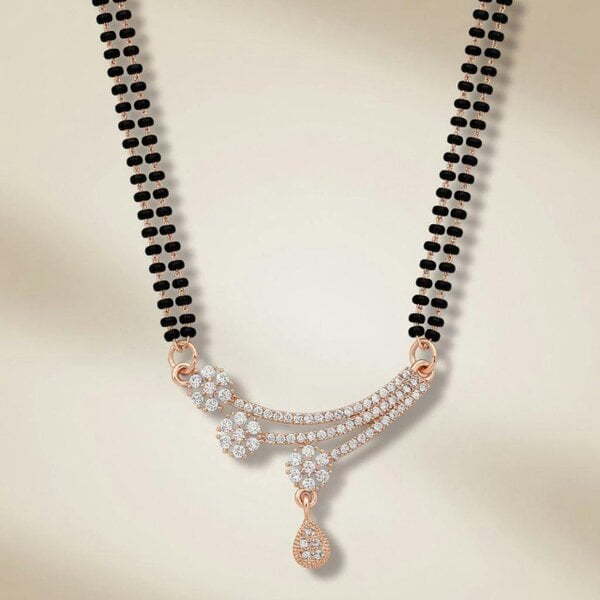 The Colourful Aura Rose Gold CZ Crystal Floral Spray Mangalsutra Black Bead Necklace
