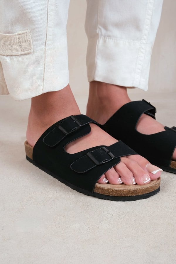 Where's That From Willow Two Strap Flat Sandals With Buckle Detail in Black Nubuck