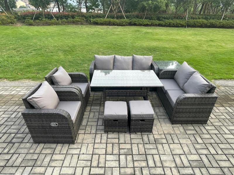 Fimous Dark Grey PE Wicker Rattan Garden Furniture Patio Set, Reclining Chair,2 Seater Sofa, Dining Table, 2 Small Footstools, Side Tables, 9 Seater