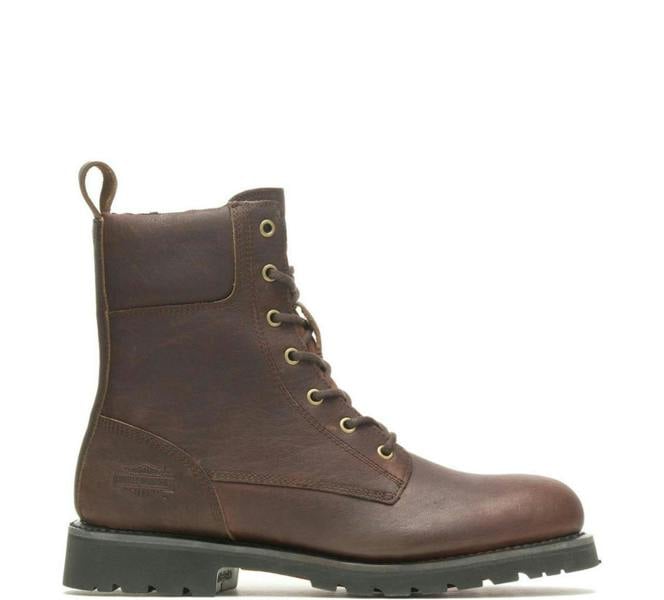 Harley-Davidson Gilford CE Mens Zip Up Riding Biker Ankle Boots, brown leather motorcycle boots with lace-up front, padded ankle collar, and rugged outsole for motorcycling.