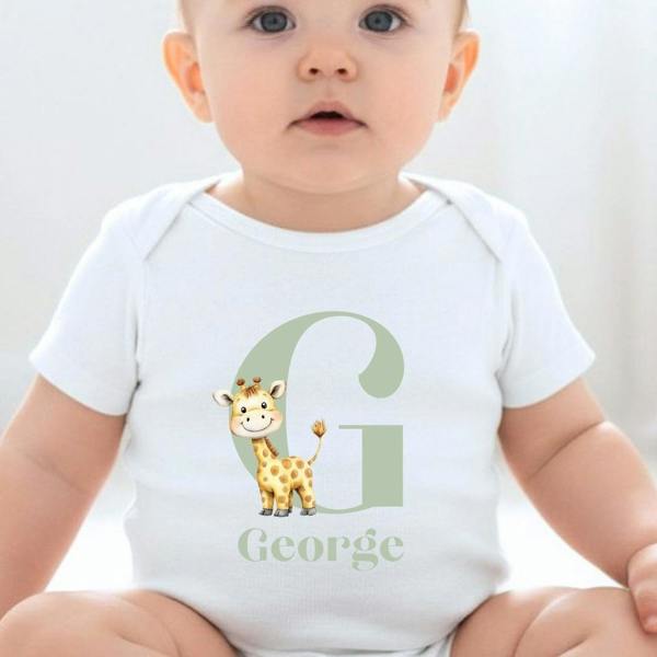 Personalised Little Giraffe Baby Grow, Vest or Bib with Initial & Name