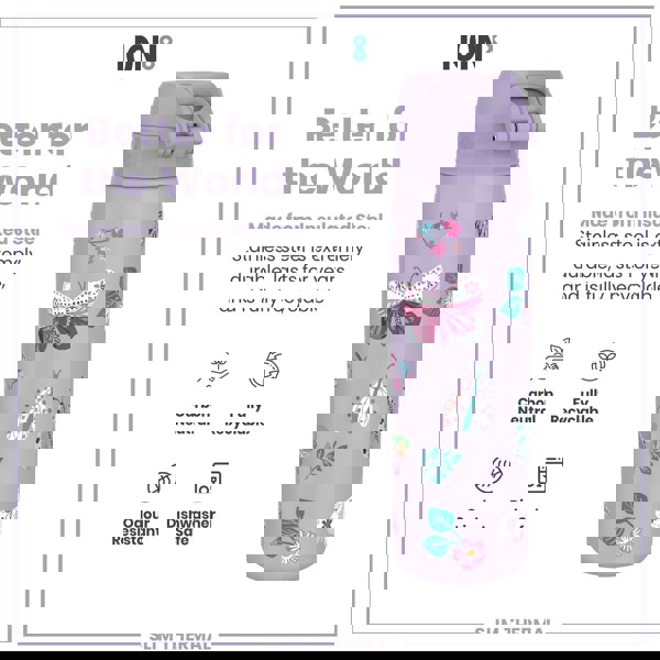 A lavender-colored, insulated stainless steel water bottle, featuring a butterfly and floral design, is displayed against a white background. Better for the World. Made from Insulated Steel. Stainless steel is extremely durable, lasts for years, and is fully recyclable. Carbon Neutral. Fully Recyclable. Odour Resistant. Dishwasher Safe. Slim Thermal.