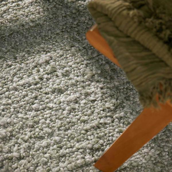 Close-up of a green carpet with a brown rug corner.