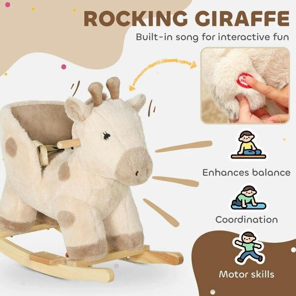 Rocking Horse, Stable Plush Ride on Horse Giraffe Design with Music, Security Belt, Baby Toy Rocker for 1-3 Years, Beige