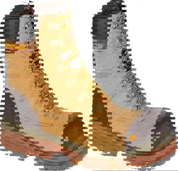 Caterpillar Premier 8 TX Mens Composite Toe/Midsole Water-Resistant Work Boots, tan and black safety work boot with sturdy construction, yellow laces, and rugged outsole.
