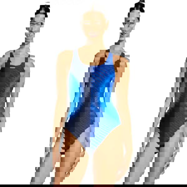 Zoggs Spinal Powerback blue swimsuit with geometric pattern and UPF50+