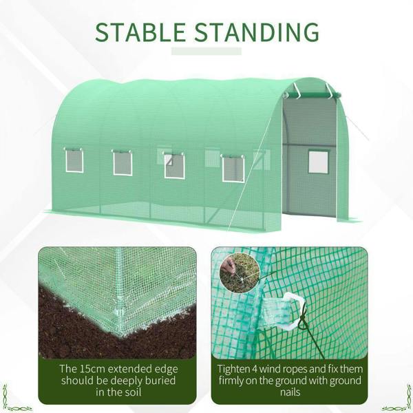 Green walk-in greenhouse tunnel with multiple mesh windows and front roll-up zip door