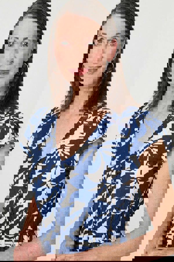 Blue | Leaf Print Cap Sleeve Lace Midi Dress