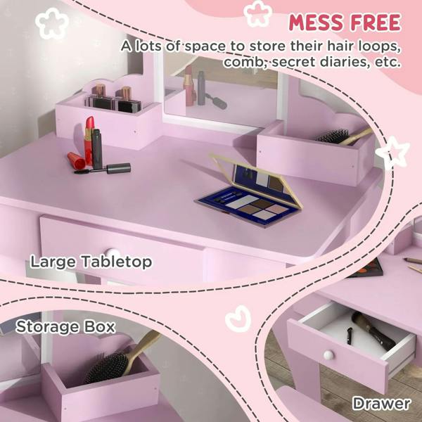 Pink kids vanity table with open storage compartments, drawer, and tabletop