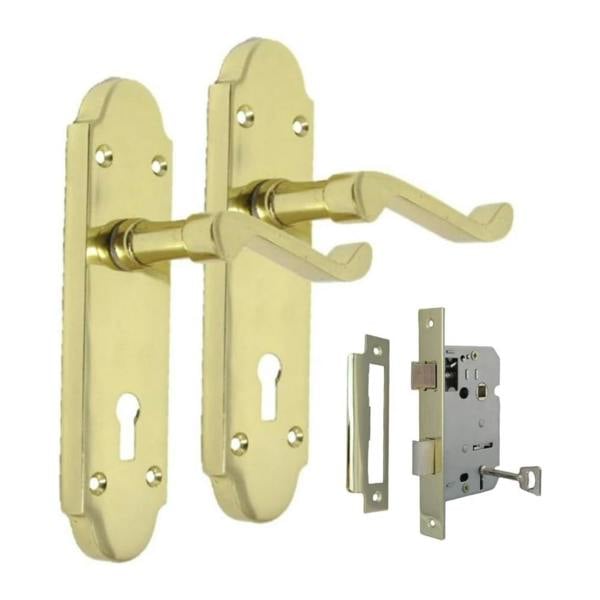 EDH Door Hardware Brass Finish Epsom Victorian Scroll Lock Door Handle on Shaped Back Plate +