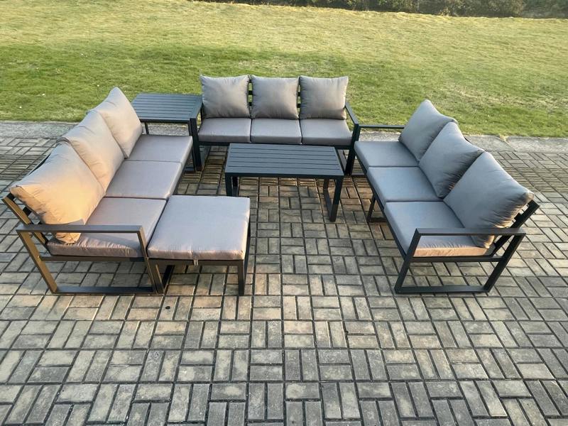 Fimous Aluminium 10 Seater Outdoor Garden Set, Lounge Sofa, Oblong Coffee Table, Big Footstool and Side Table Sets with Cushions, Dark Grey