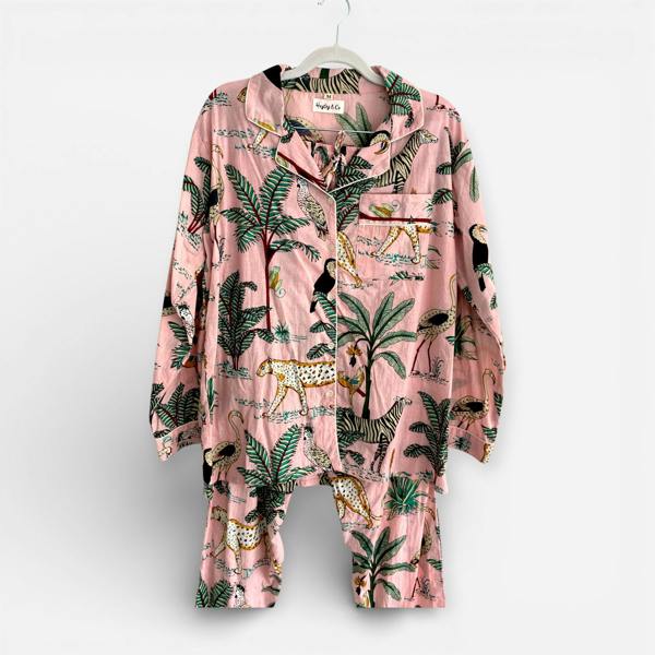 Hayley & Co Jungle Print 100% Cotton Long Pyjama Set in Pale Pink