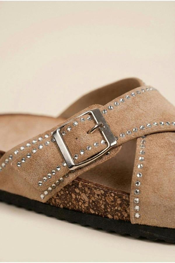 Ruby Womens Studded Criss Cross Slide Sandals - Khaki