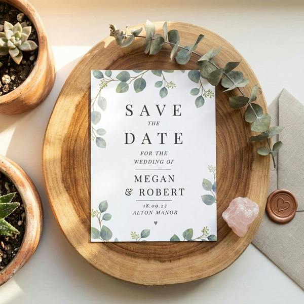 Abode Home & Gifts personalised botanical wedding save the date card displayed on a round wooden platter with eucalyptus sprigs and a wax seal envelope.