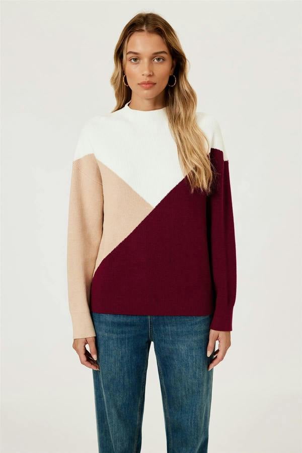 FS Collection Colour Block Jumper Top In Camel & Wine & White