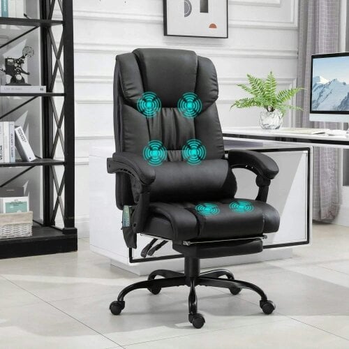 Bobobiy 6-Point Massage Office Chair, PU Leather Desk Chair with Adjustable Height and Footrest for Home Office, Black