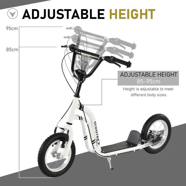 Adjustable-height kick scooter with white frame, black handlebar, and front suspension fork