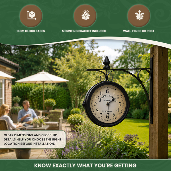 Double Sided Garden Clock in Black Metal with Mounting Bracket