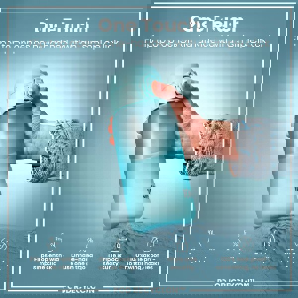 A light blue water bottle with a flip top is being held; its lid is opened with one hand. The background is a teal color; text highlights features like one-handed use and leak-proof design. POD RECYCLON™ is also visible.