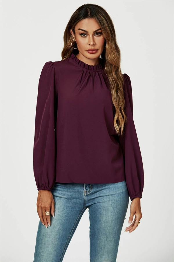 FS Collection Frill Detail High Neck Top In Plum