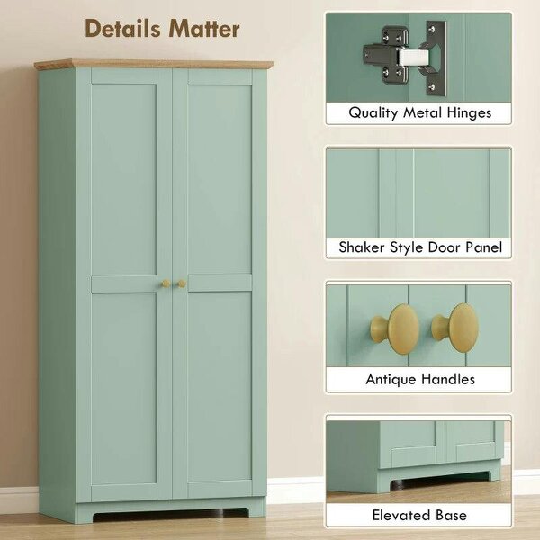 Kitchen Cupboard, 172cm Freestanding Storage Cabinet with Doors and Shelves, Light Green