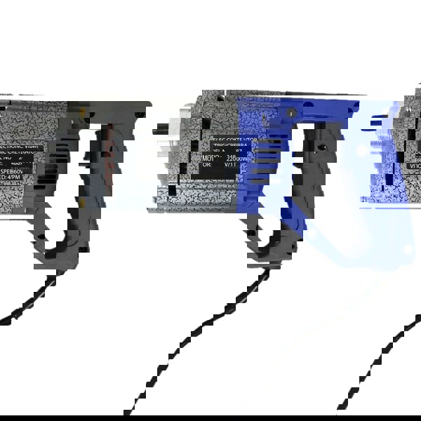 T-Mech concrete vibrator with a blue handle, metallic body, and a power cord, designed for efficient concrete compaction and leveling