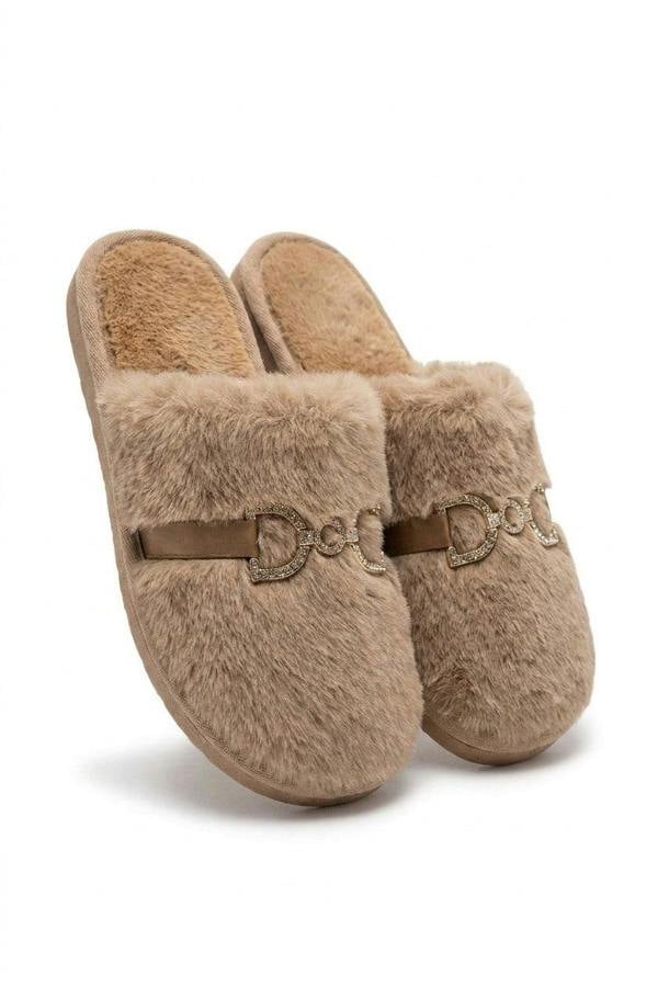 Noelia Faux Fur Slip-on Slippers With Gold Chain Detail - Mocha_wb