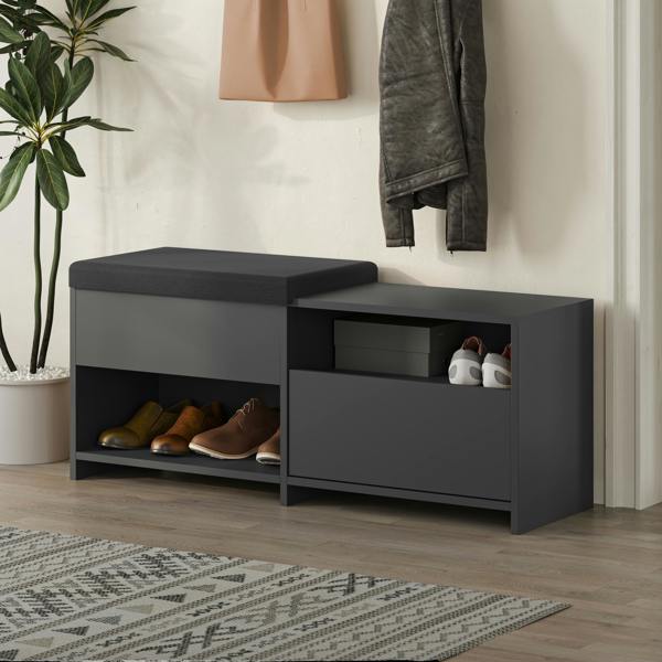 Decortie Modern Filux Shoe Bench Rack Sliding Fabric Seat and 120.3(W) Storage Cabinet 2-Tier Open Shelves Hallway