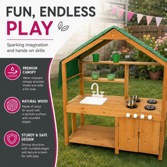 Neo Wooden Outdoor Mud Kitchen for Kids Working Sink Play Stove