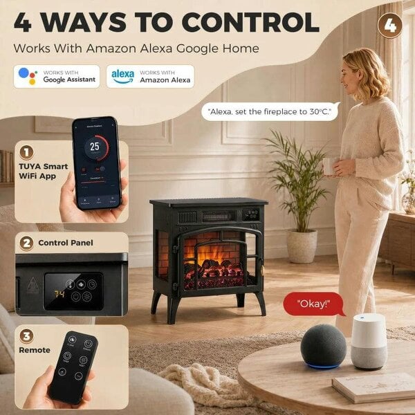 Smart Electric Fireplace Stove Log Burner, 3-Sided Glass WiFi Electric Fire Heater w/ 5-Colour Flame, Black